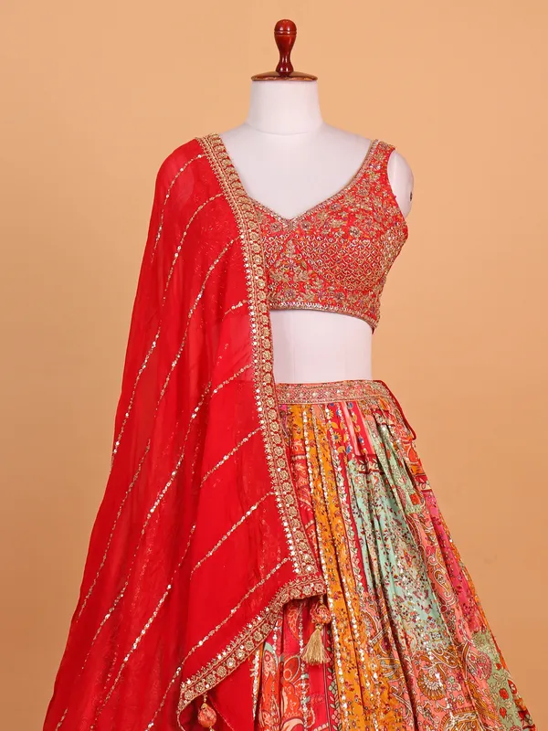 Red silk printed reception ready lehenga choli