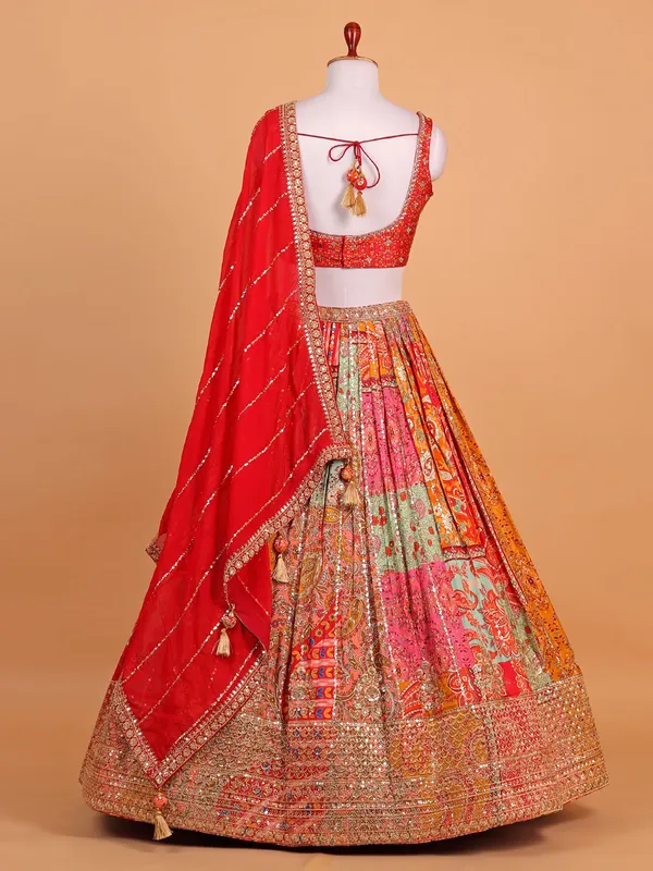 Red silk printed reception ready lehenga choli