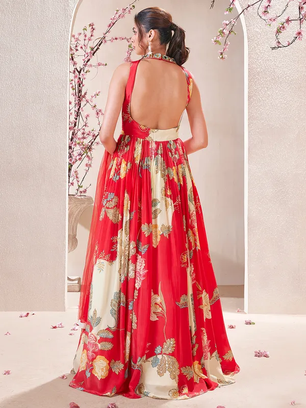 Red silk printed salwar suit with dupatta