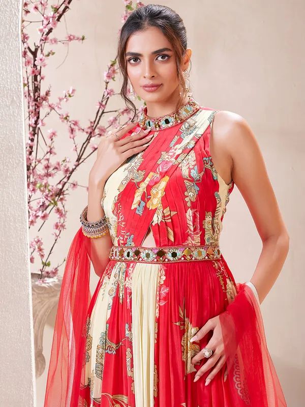 Red silk printed salwar suit with dupatta