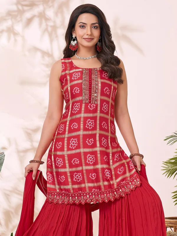 Red silk printed sharara suit for festive wear