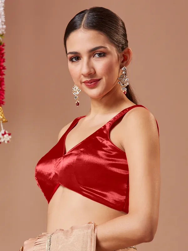Red silk ready made blouse with sweetheart neck