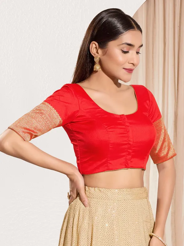 Red silk ready made blouse with zari weaving