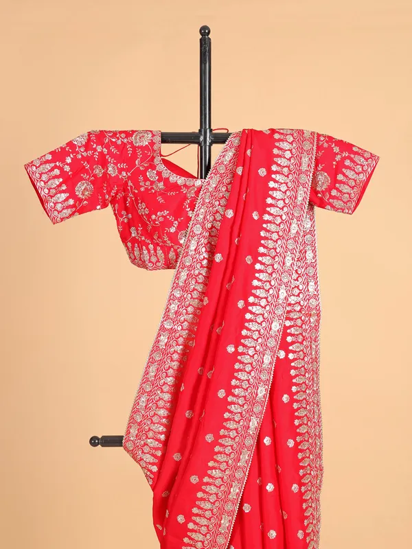 Red silk resham weaved saree for wedding