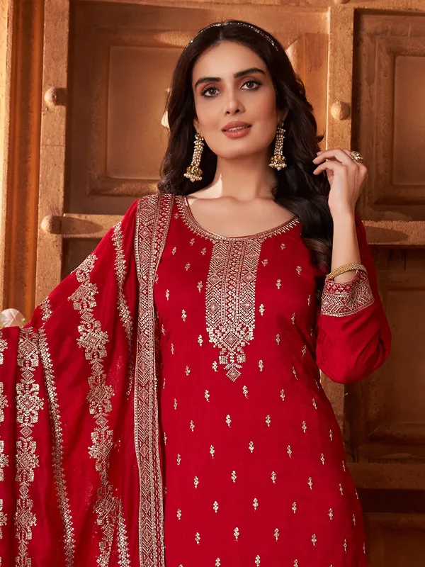 Red silk resham worked silk salwar suit