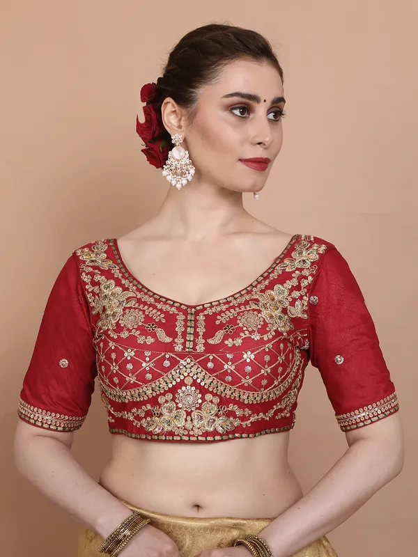 Red silk round neck embroidered ready made blouse