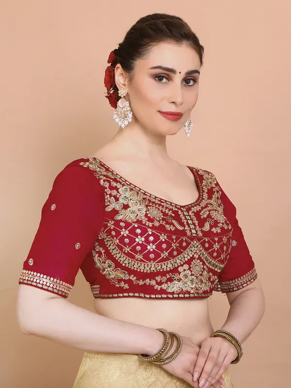 Red silk round neck embroidered ready made blouse