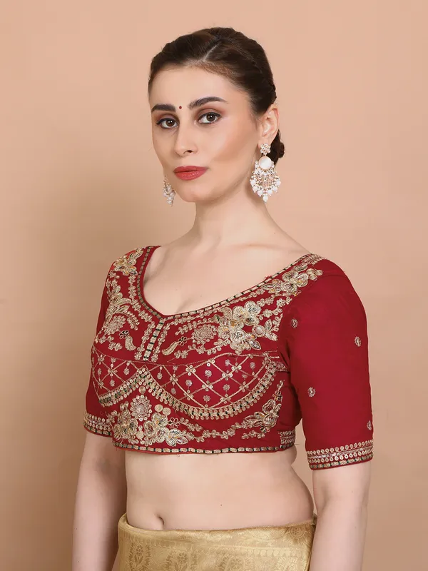 Red silk round neck embroidered ready made blouse