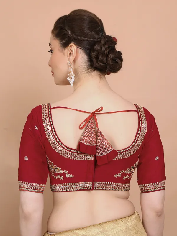 Red silk round neck embroidered ready made blouse
