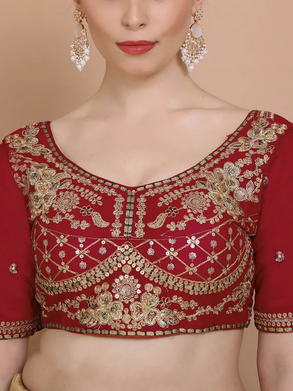Red silk round neck embroidered ready made blouse