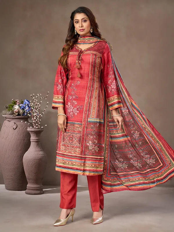 Red silk salwar suit with keyhole neckline