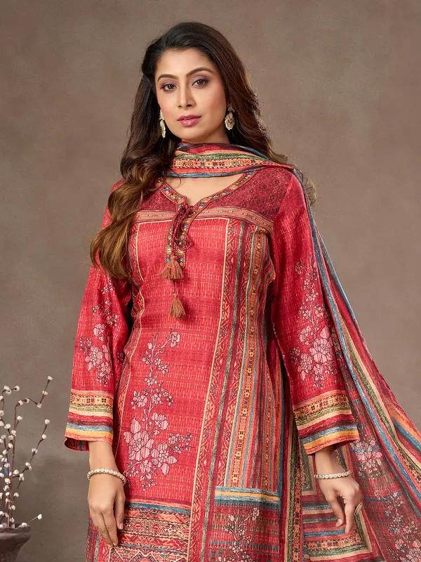 Red silk salwar suit with keyhole neckline