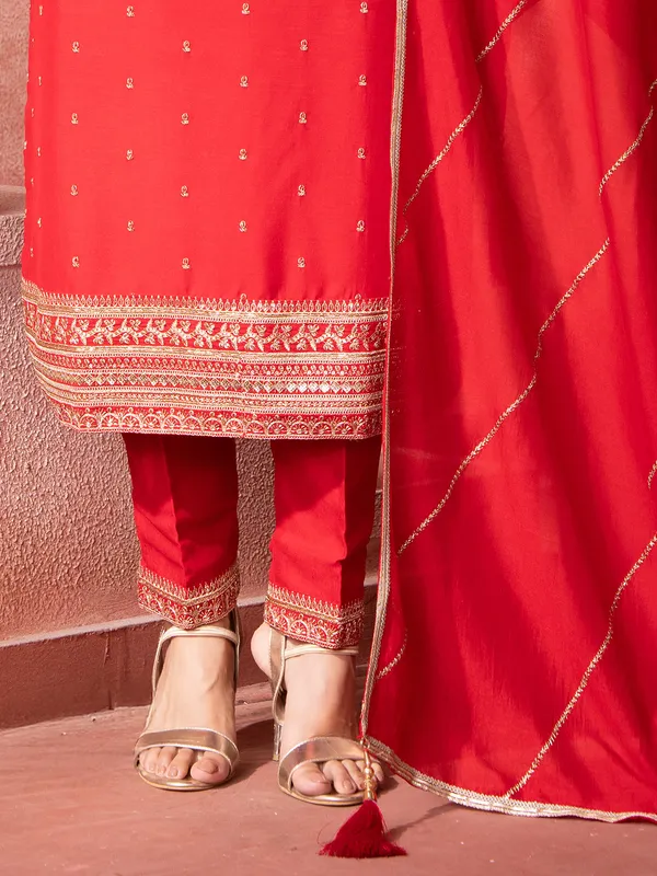 Red silk salwar suit with resham and sequins work