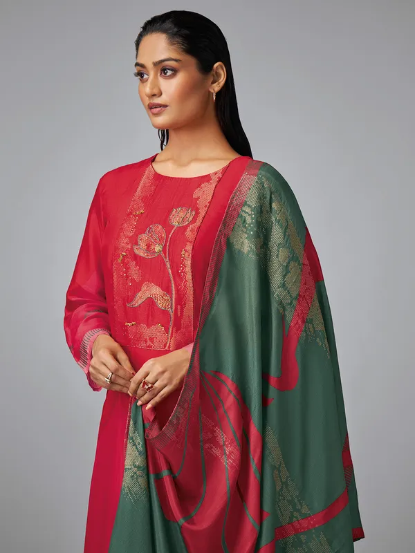 Red silk salwar suit with thread work