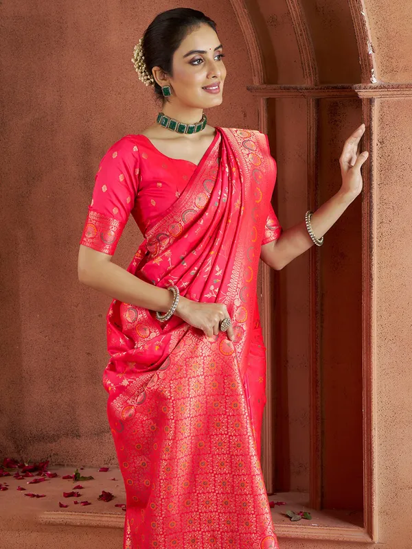 Red silk saree with contrast border