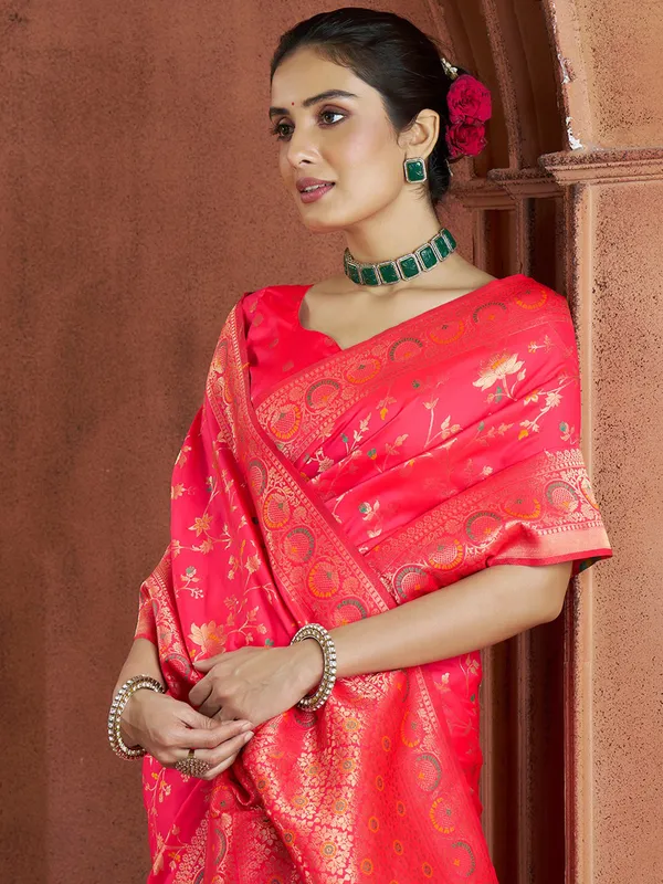Red silk saree with contrast border