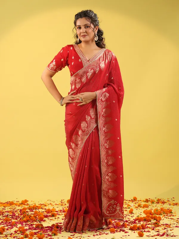 Red silk saree with zari shine for wedding look