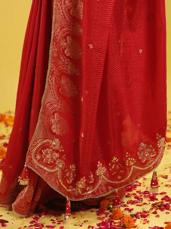 Red silk saree with zari shine for wedding look