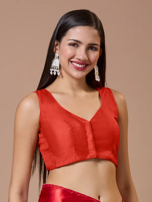Red silk sleeveless comfort fit ready made blouse