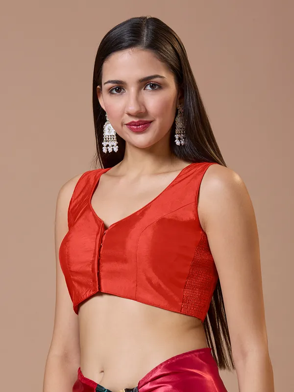 Red silk sleeveless comfort fit ready made blouse