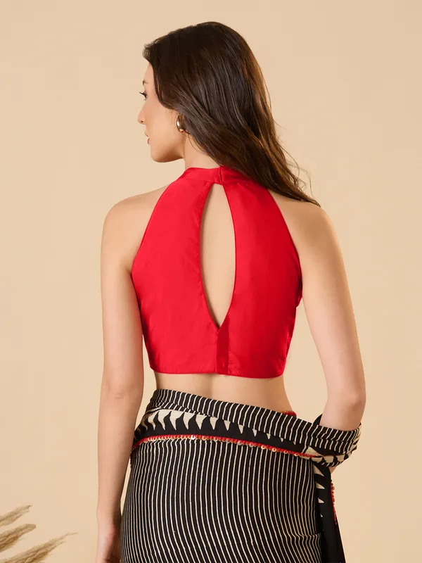 Red silk solid halter neck sleeveless ready made blouse