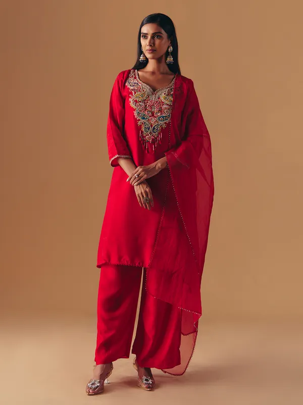 Red silk sweetheart neck palazzo suit