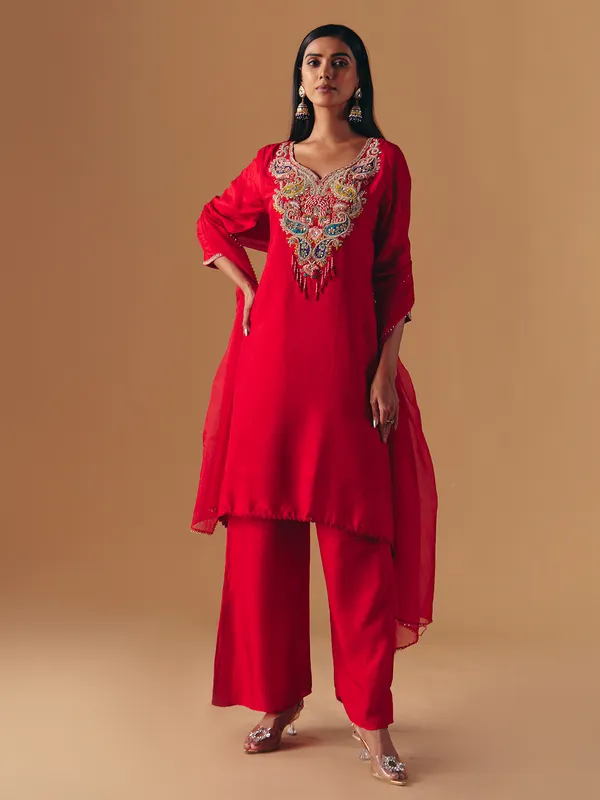 Red silk sweetheart neck palazzo suit
