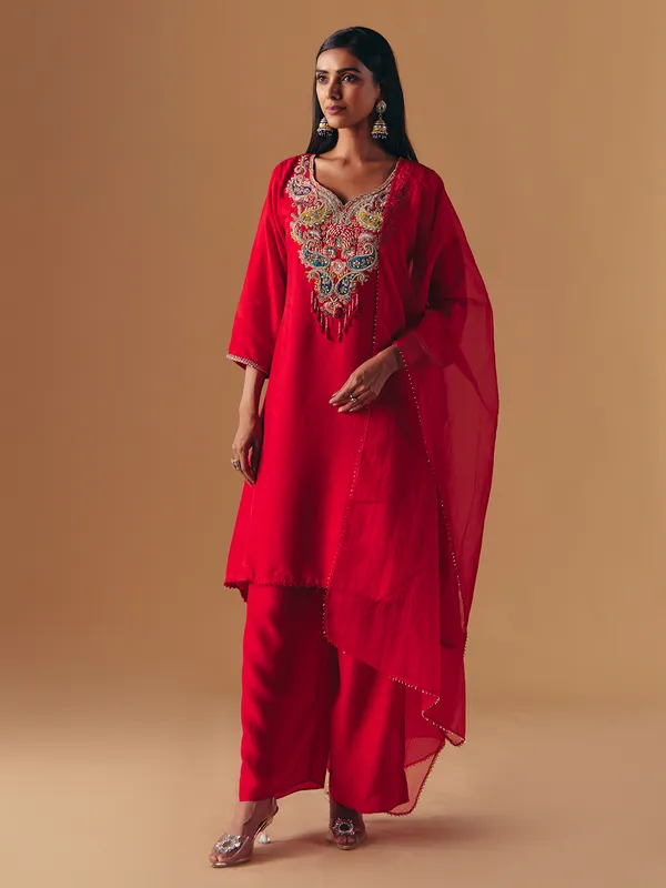 Red silk sweetheart neck palazzo suit