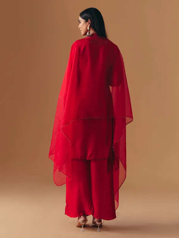 Red silk sweetheart neck palazzo suit