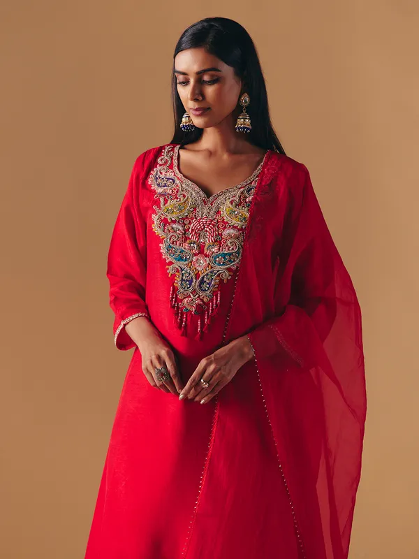 Red silk sweetheart neck palazzo suit