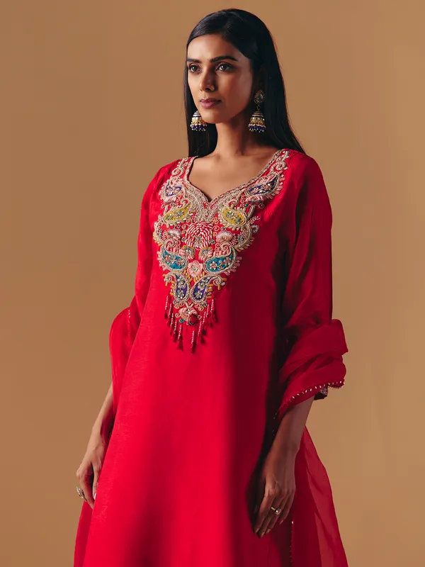 Red silk sweetheart neck palazzo suit