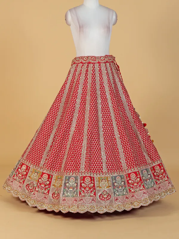Red silk unstitched lehenga choli with dupatta