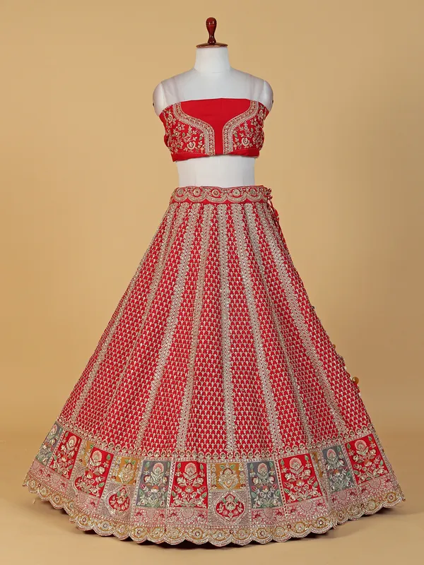Red silk unstitched lehenga choli with dupatta