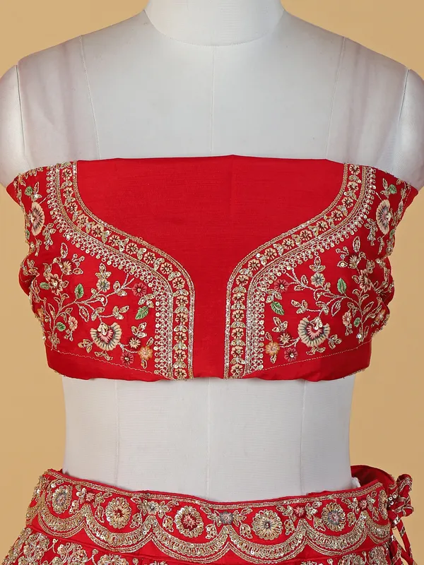 Red silk unstitched lehenga choli with dupatta