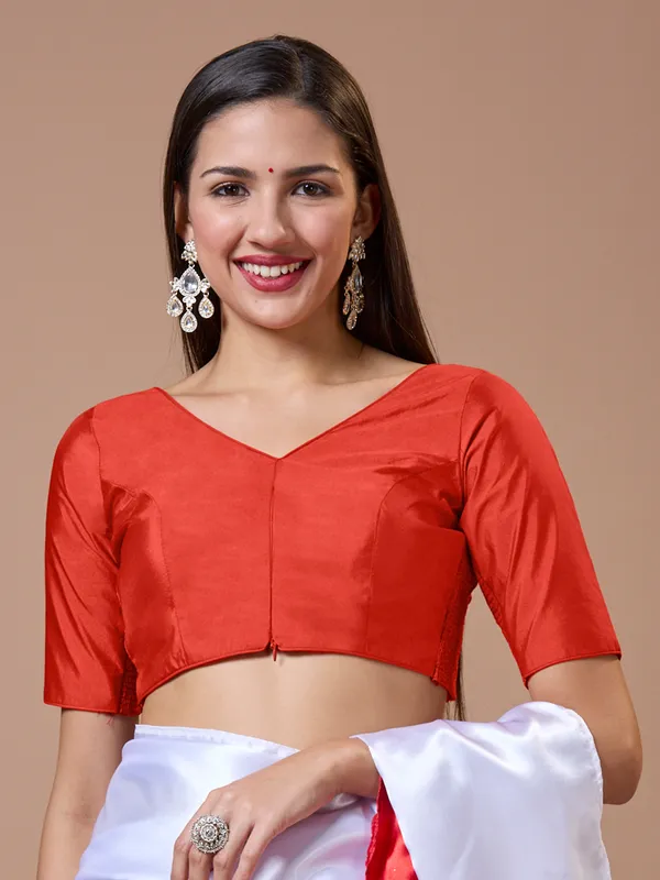 Red silk V neck comfort fit ready made blouse