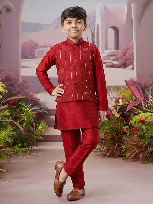 Red silk waistcoat set with festive detailing