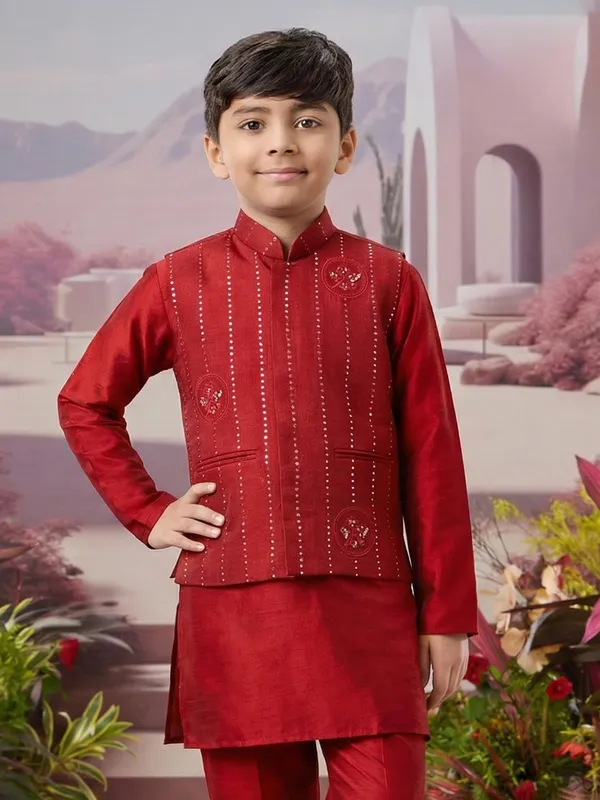 Red silk waistcoat set with festive detailing