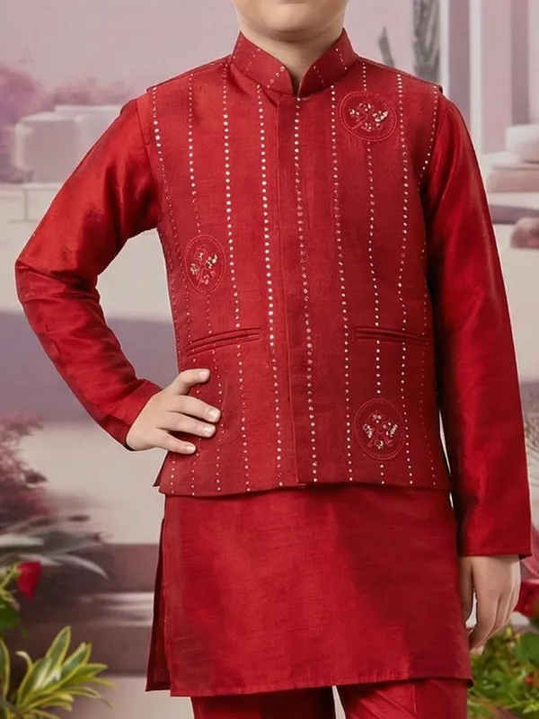 Red silk waistcoat set with festive detailing