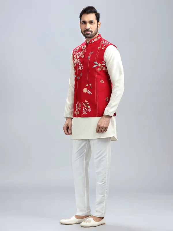 Red silk wedding style waistcoat set for men