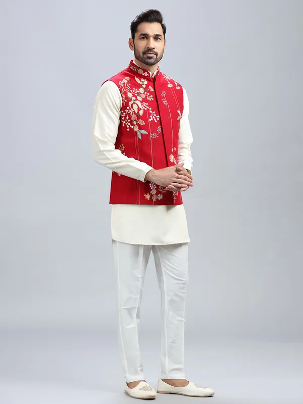 Red silk wedding style waistcoat set for men
