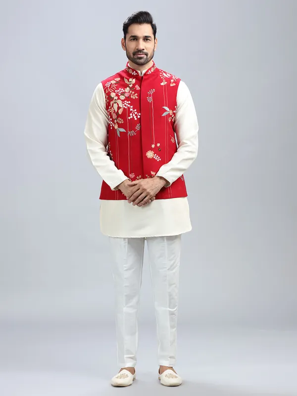 Red silk wedding style waistcoat set for men