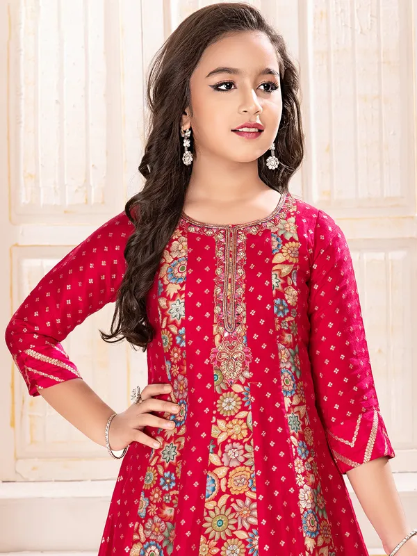 Red silk wedding wear gown with zari glow for girls