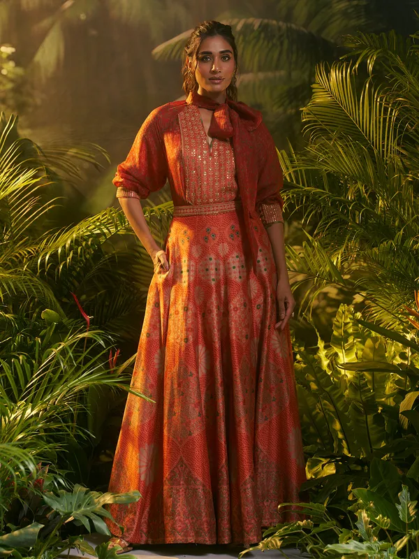 Red silk wedding wear lehenga choli with print