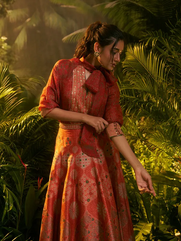 Red silk wedding wear lehenga choli with print