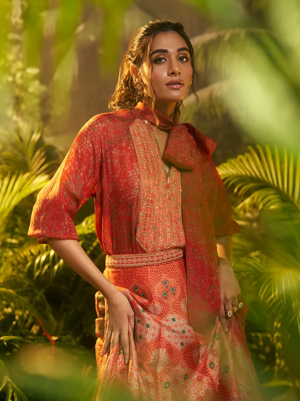 Red silk wedding wear lehenga choli with print