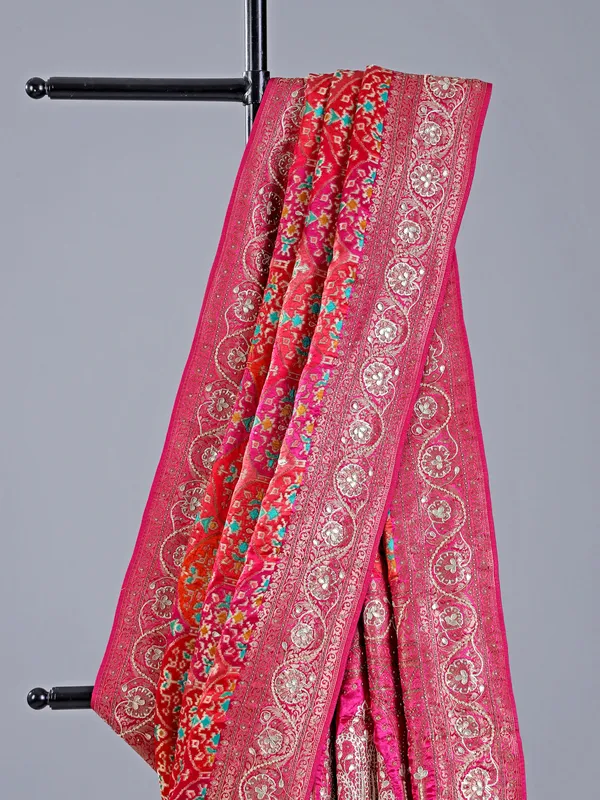 Red silk wedding wear saree with colorful motif