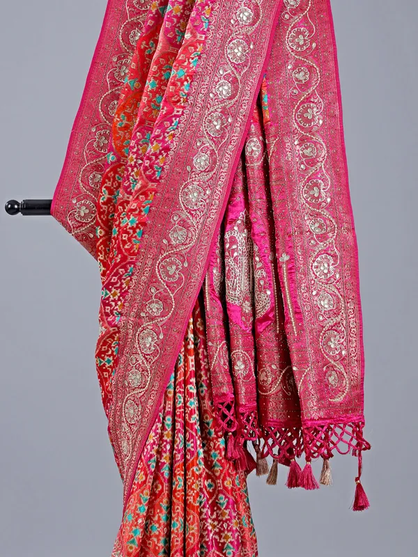 Red silk wedding wear saree with colorful motif