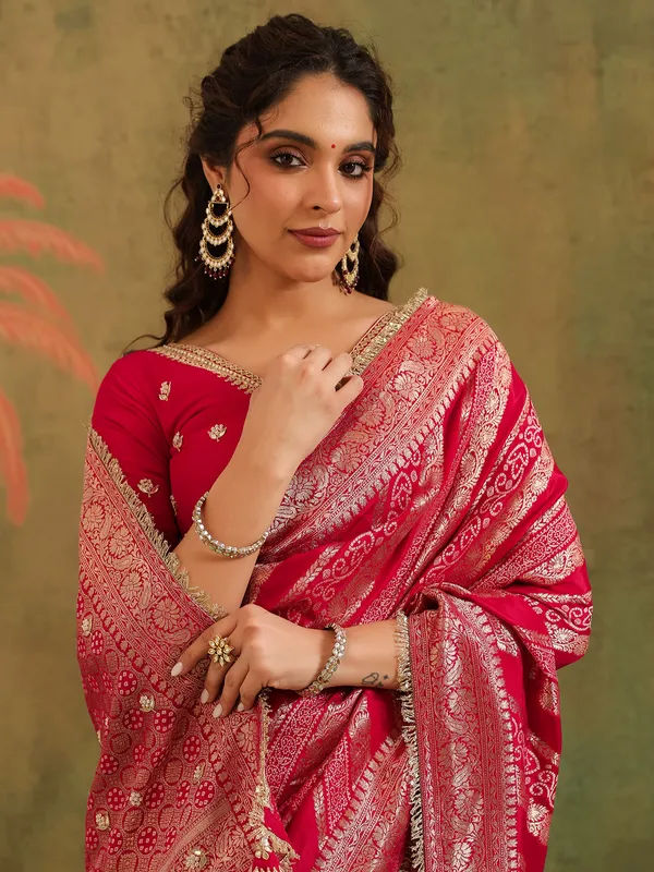 Red silk wedding wear saree with zari work