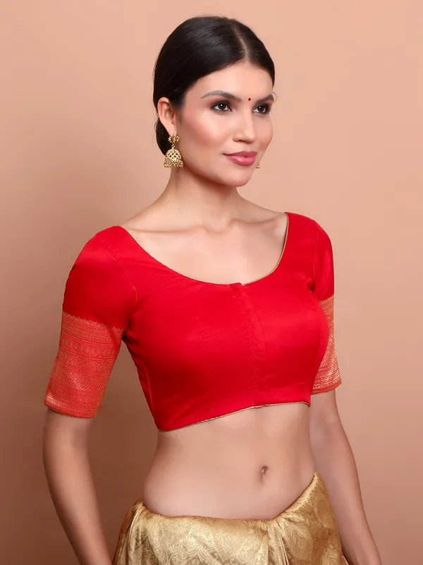 Red silk zari embellished round neck ready made blouse