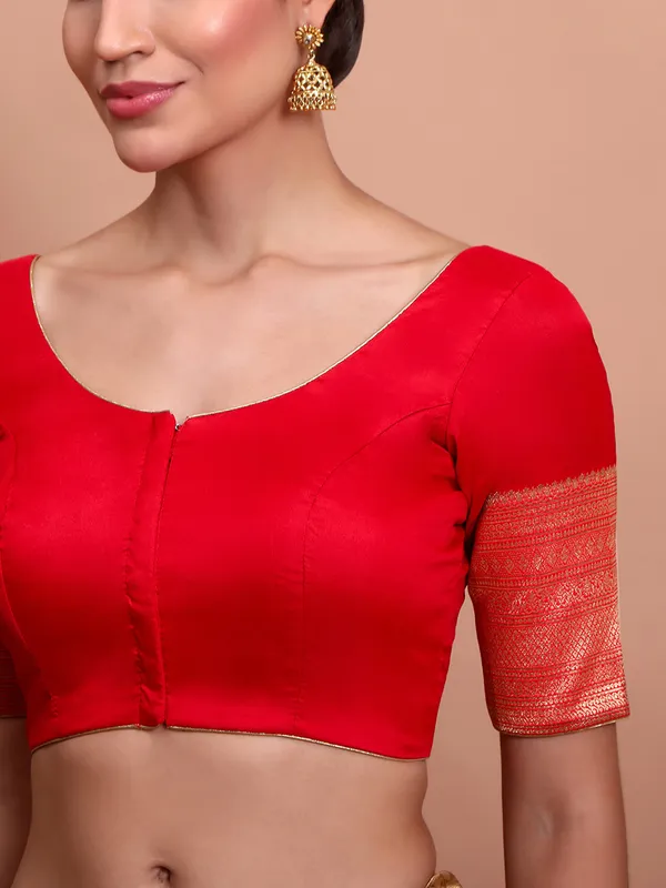 Red silk zari embellished round neck ready made blouse